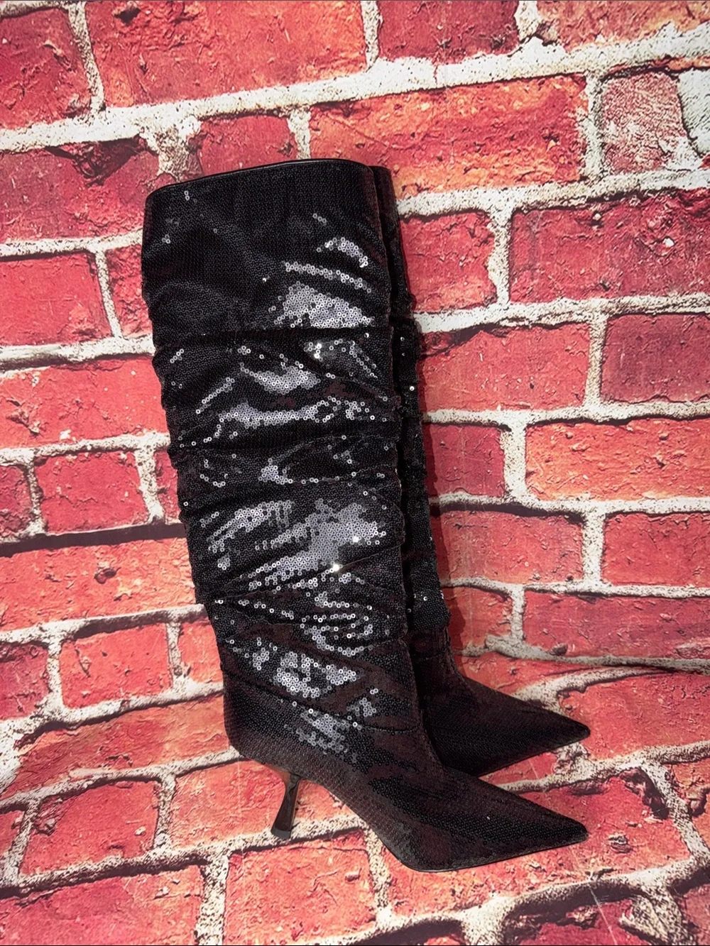 Black Sequin Knee-High Pointed Toe Heeled Boots - Women